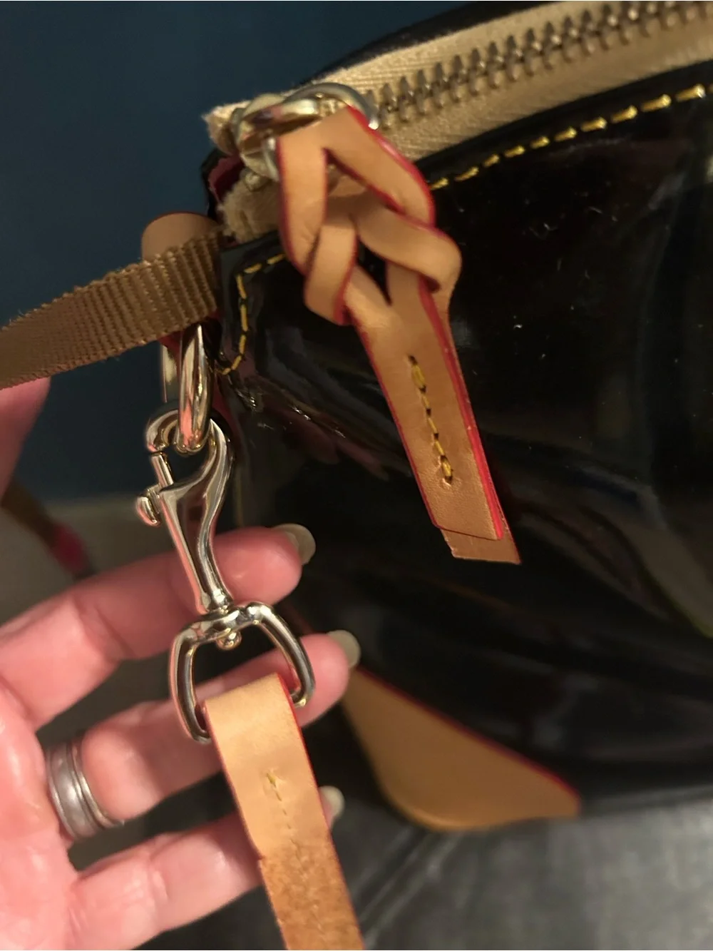 Dooney Bourke Black Patent and Tan Leather Satchel Shoulder Bag